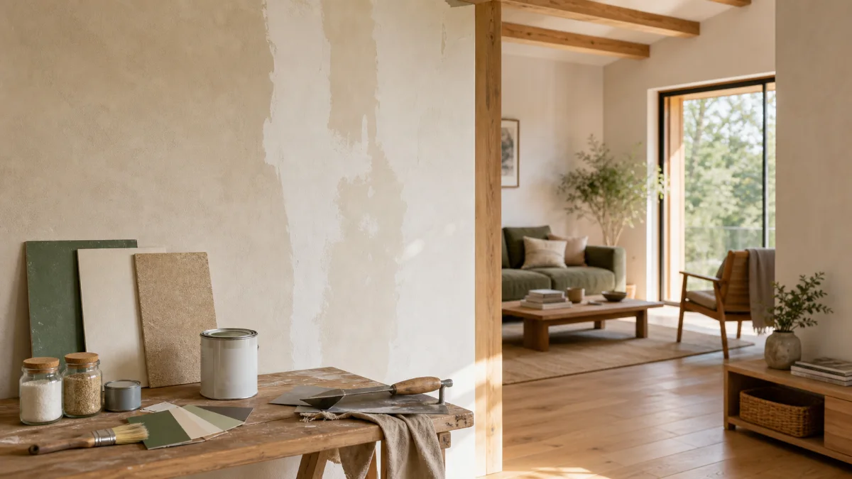 Intérieur rénové avec enduit naturel, bois clair et échantillons de matériaux