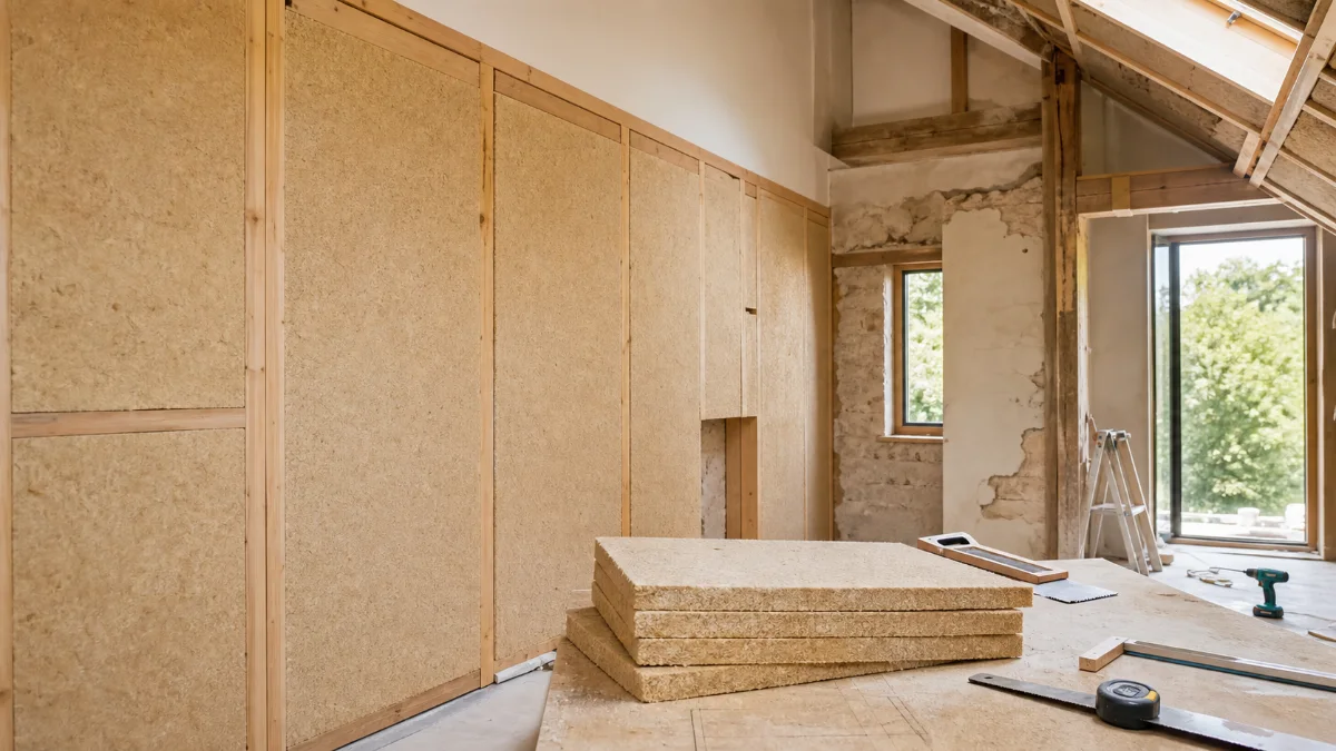 Chantier propre avec panneaux d’isolation biosourcée et ossature bois