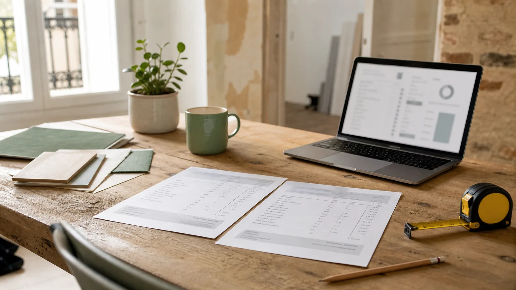 Deux devis de rénovation comparés sur une table avec des échantillons de matériaux
