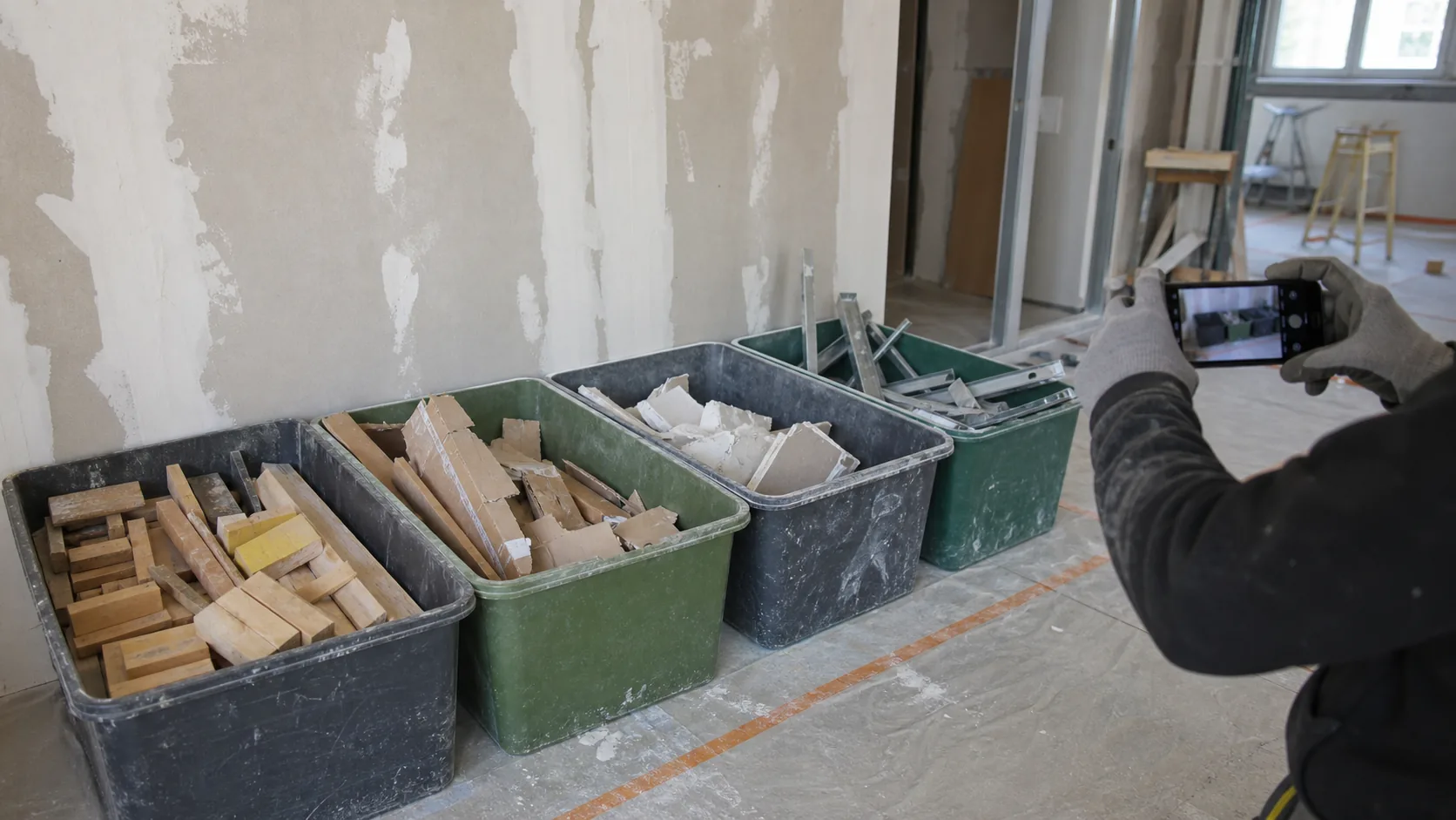 Déchets de chantier triés par matériau et photographiés comme preuve de suivi