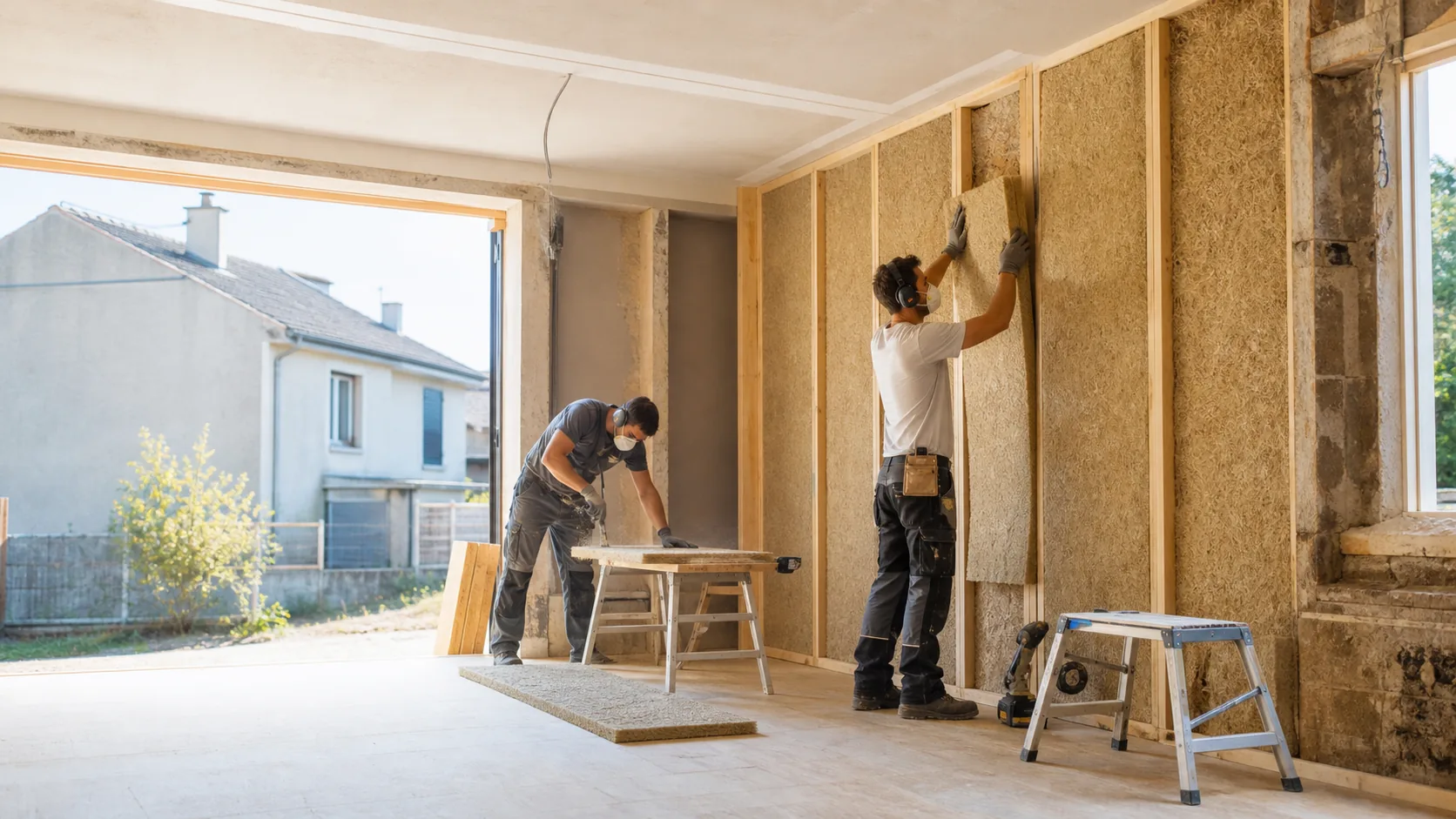 Professionnels posant une isolation biosourcée dans une maison en rénovation
