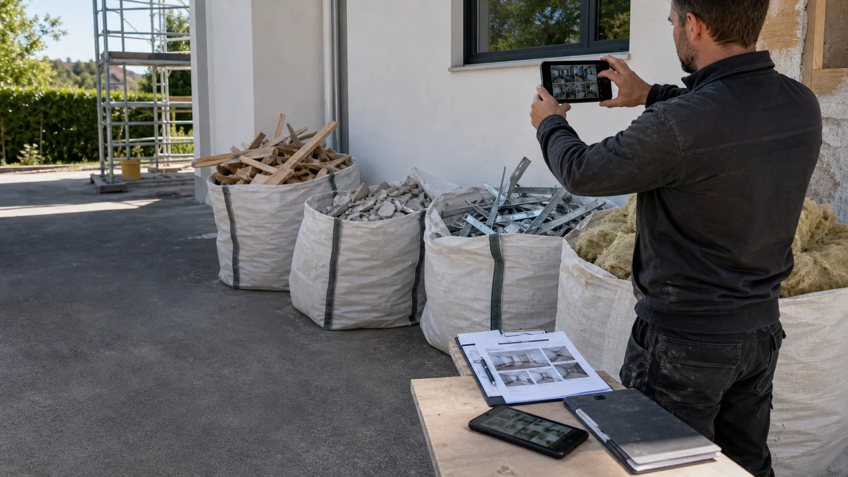 Professionnel photographiant des déchets de chantier triés comme preuve de suivi